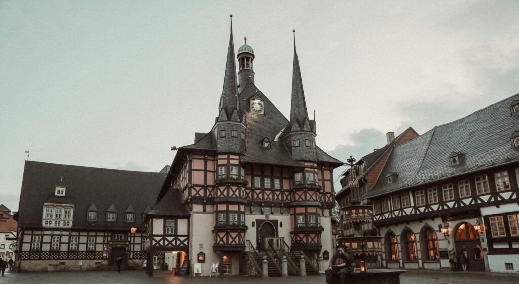 Stunning view of the historic Wernigerode Town Hall in Germany during early evening.