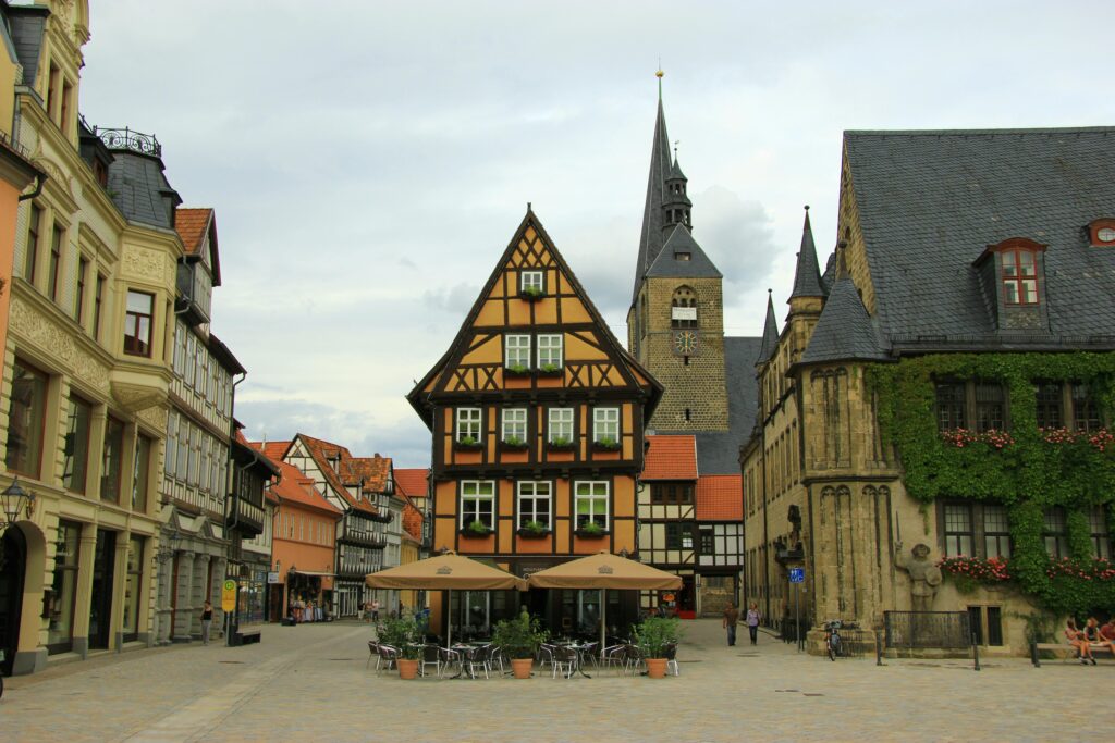 Quaint medieval town square showcasing classic European architecture and charming cobblestone streets.