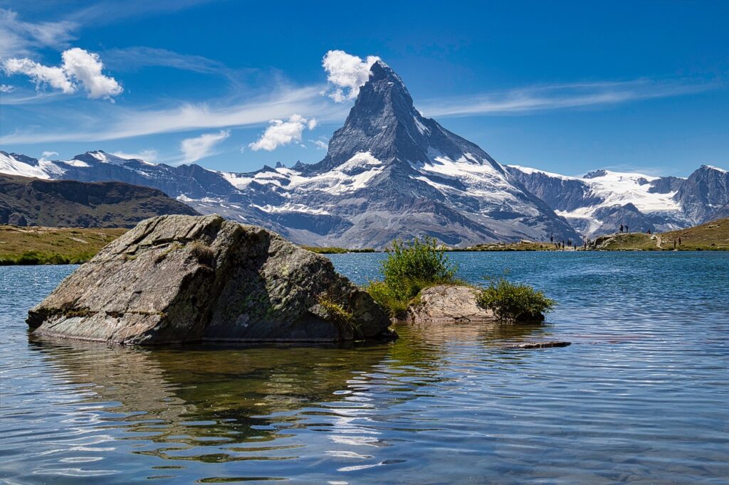 mountains, rocks, lake, nature, landscape, switzerland, matterhorn