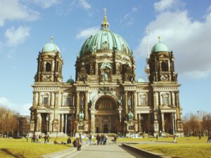A beautiful capture of the Berlin Cathedral showcasing its architectural grandeur against a vibrant sky.
